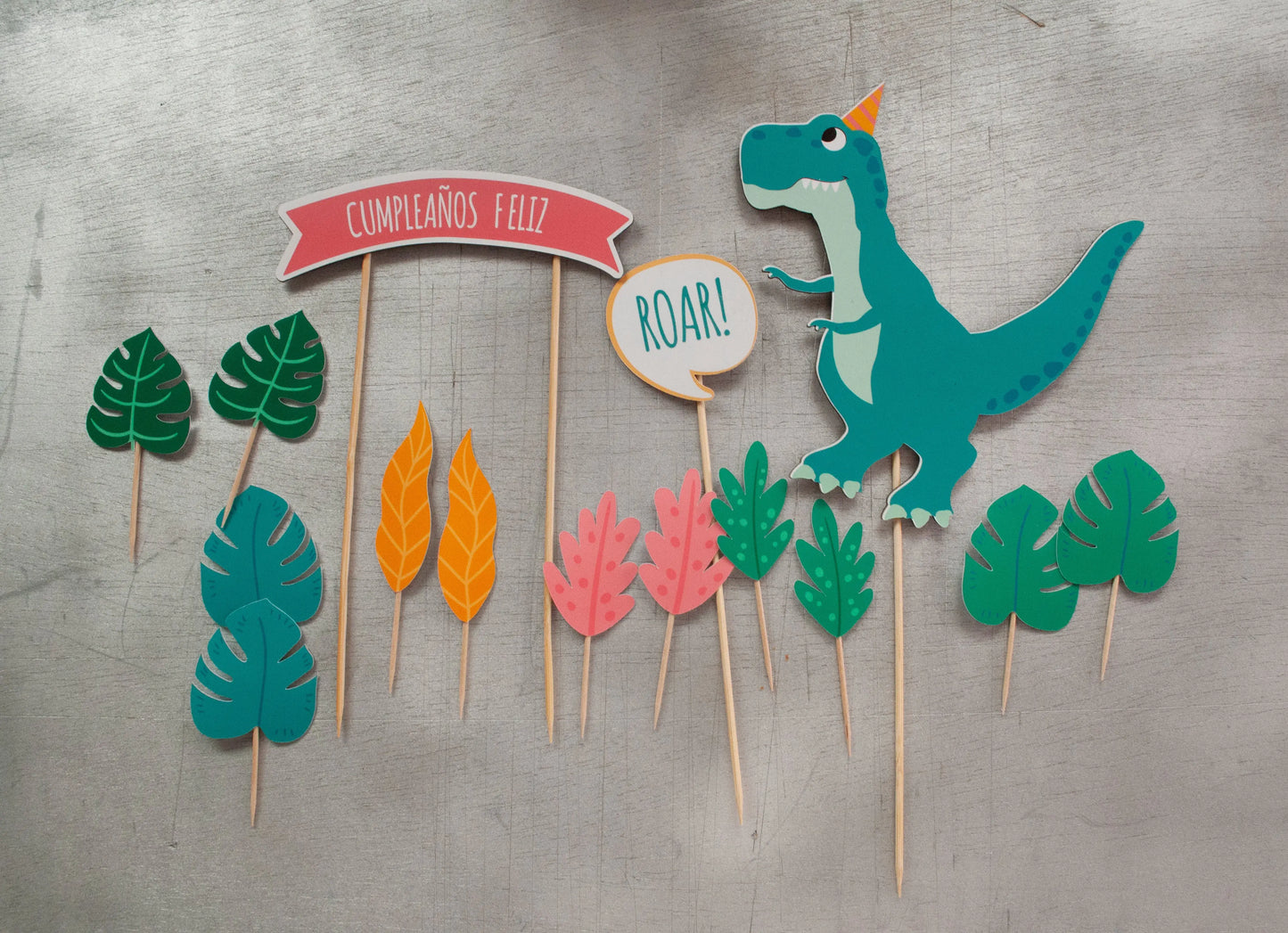 Toppers de madera dinosaurio, burbuja y letrero para tarta